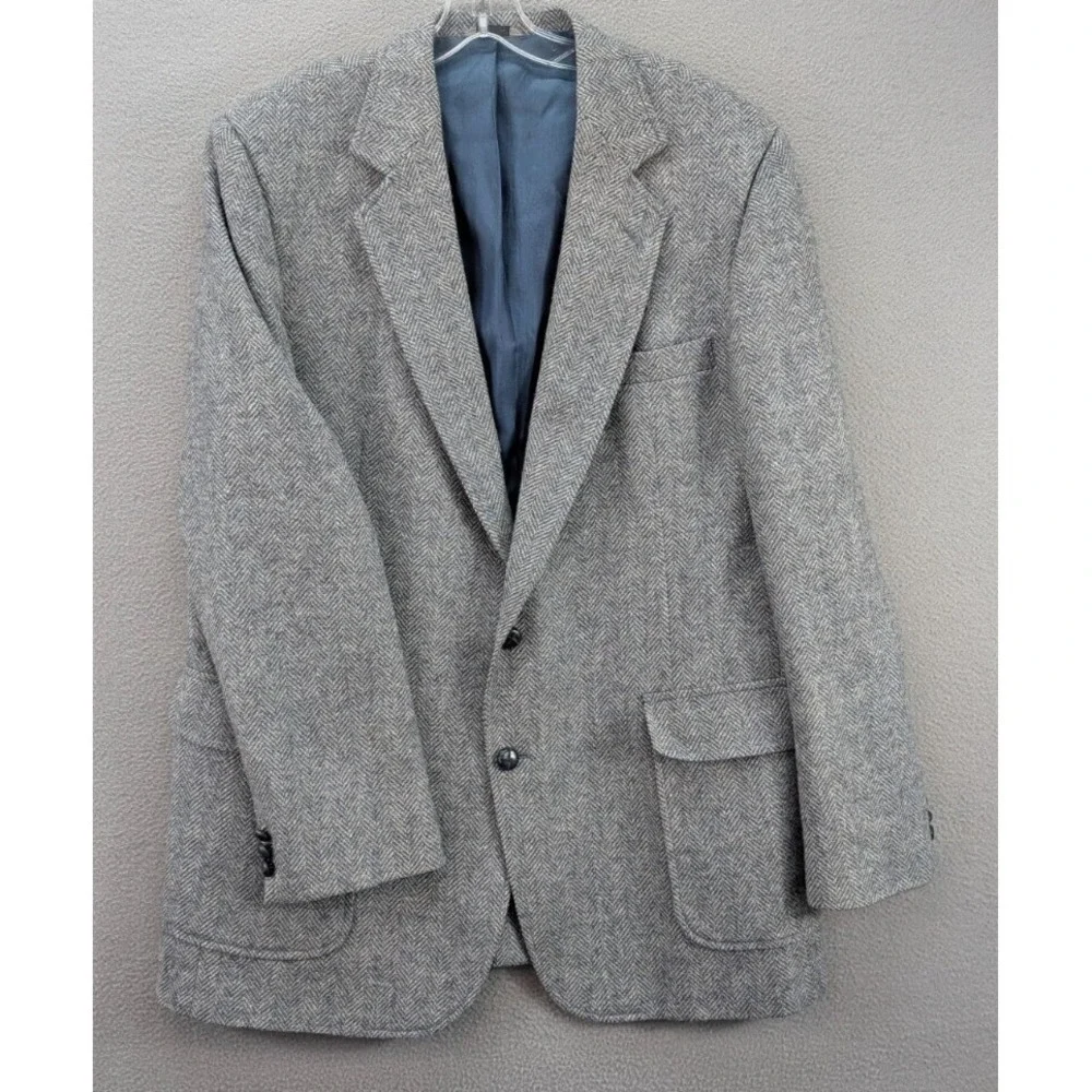 Vintage Haggar Tweed Blazer Jacket Size 44L Wool Gray Blue Herringbone Corpcore